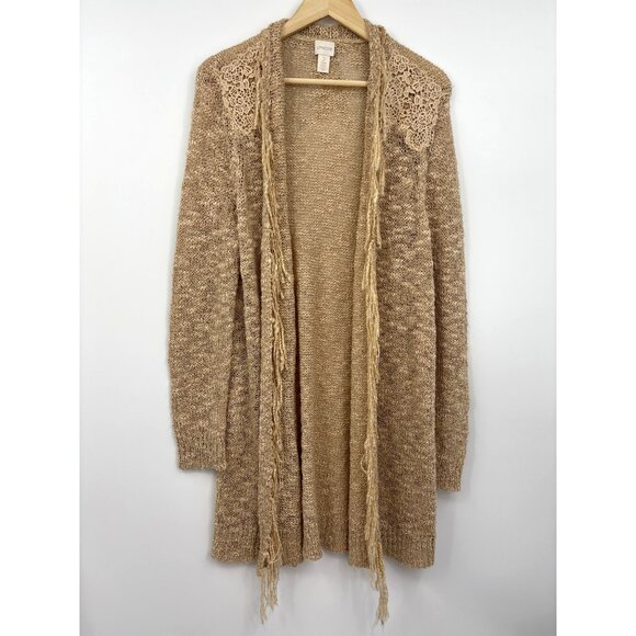 Chico's Sweaters - Chico's Monique Knit Cardigan Sweater Lace Fringe Trim Tan Beige 2 (12) Large